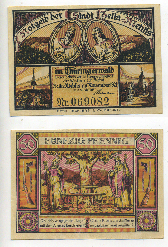 ЦЕЛЛЕ-МЕХЛИЦ 50 ПФЕННИГОВ 1921 НОТГЕЛЬД, ЗЕМЛЯ ТЮРИНГИЯ, НОЯБРЬ 1921 Grabowski 1468.1 бумага 6317-31-2-1