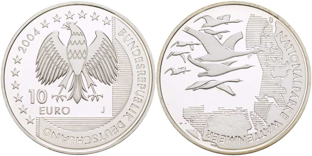 ФРГ 10 евро 2004 J, Национальный парк, Ваттовое море (Wattenmeer) KM 232, DE.S 10.15 серебро PROOF 1085-5-55