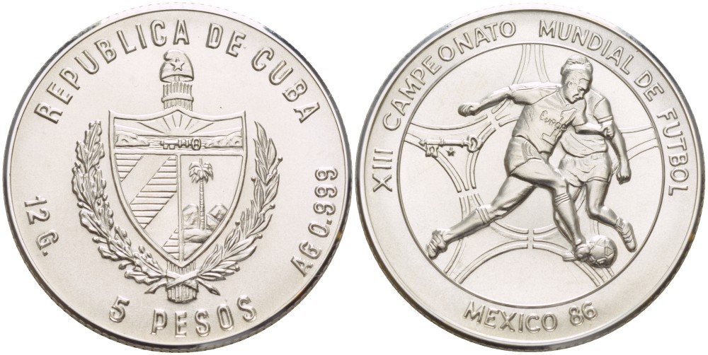 Куба 5 песо 1985 XIII чемпионат мира по футболу 1986 года в Мексике KM 123 серебро UNC 00-00