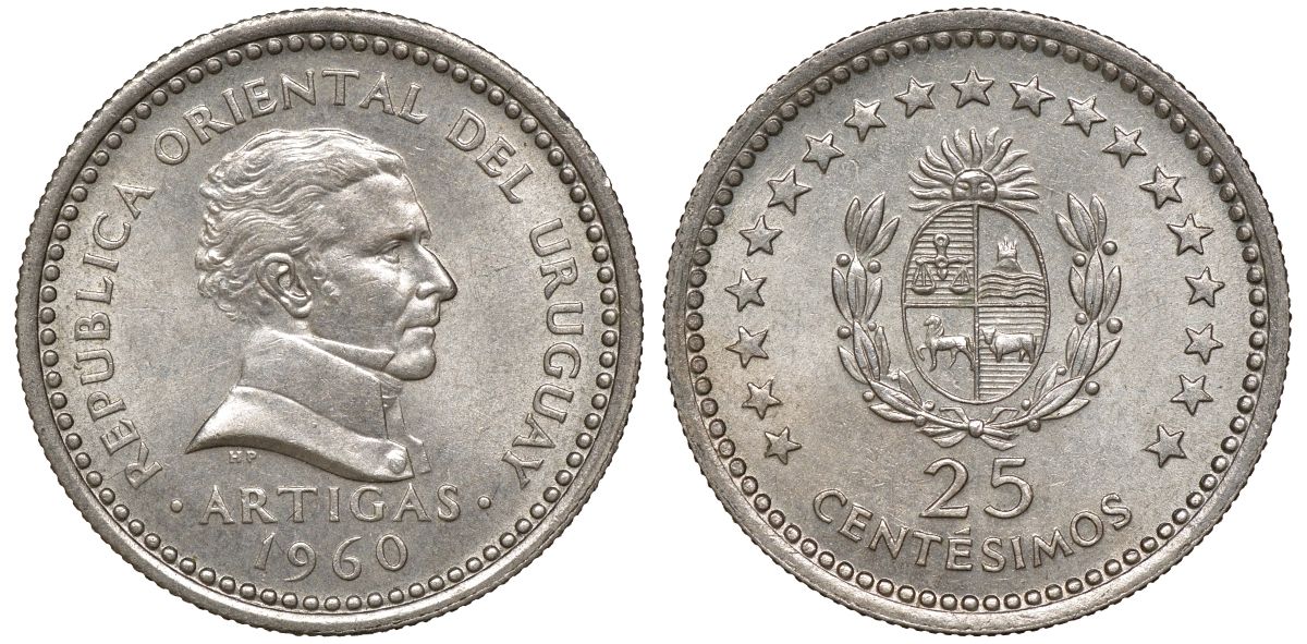 Уругвай 25 сентесимо 1960 KM 40 медно-никель 4169-844