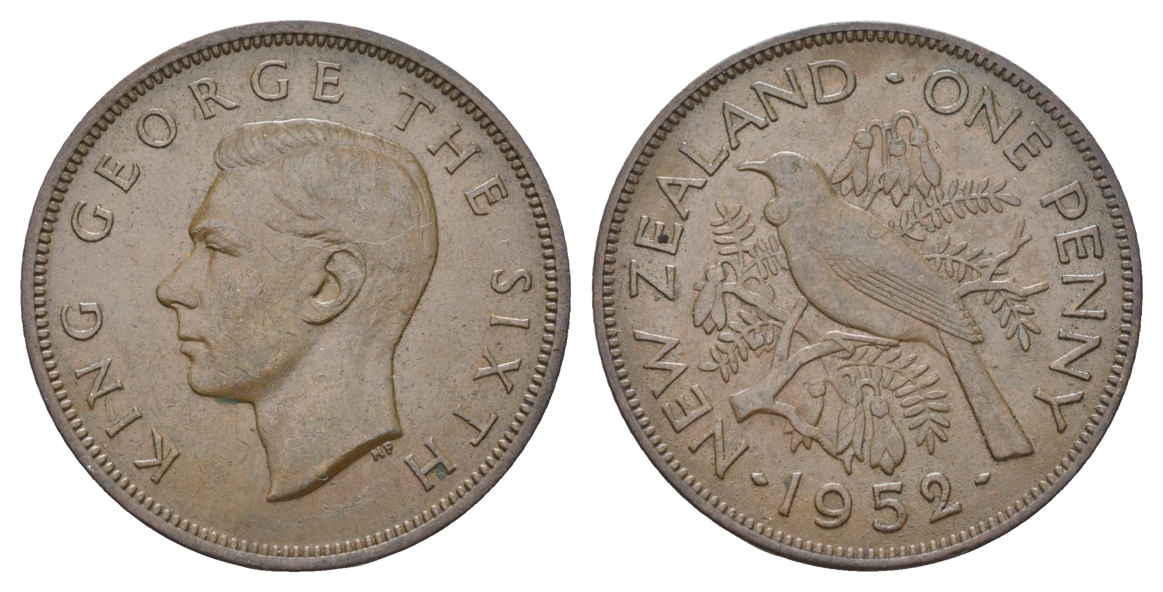 Новая Зеландия 1 пенни 1952 Георг VI (1936-1952), новозеландский туи KM 21 бронза 4512-232