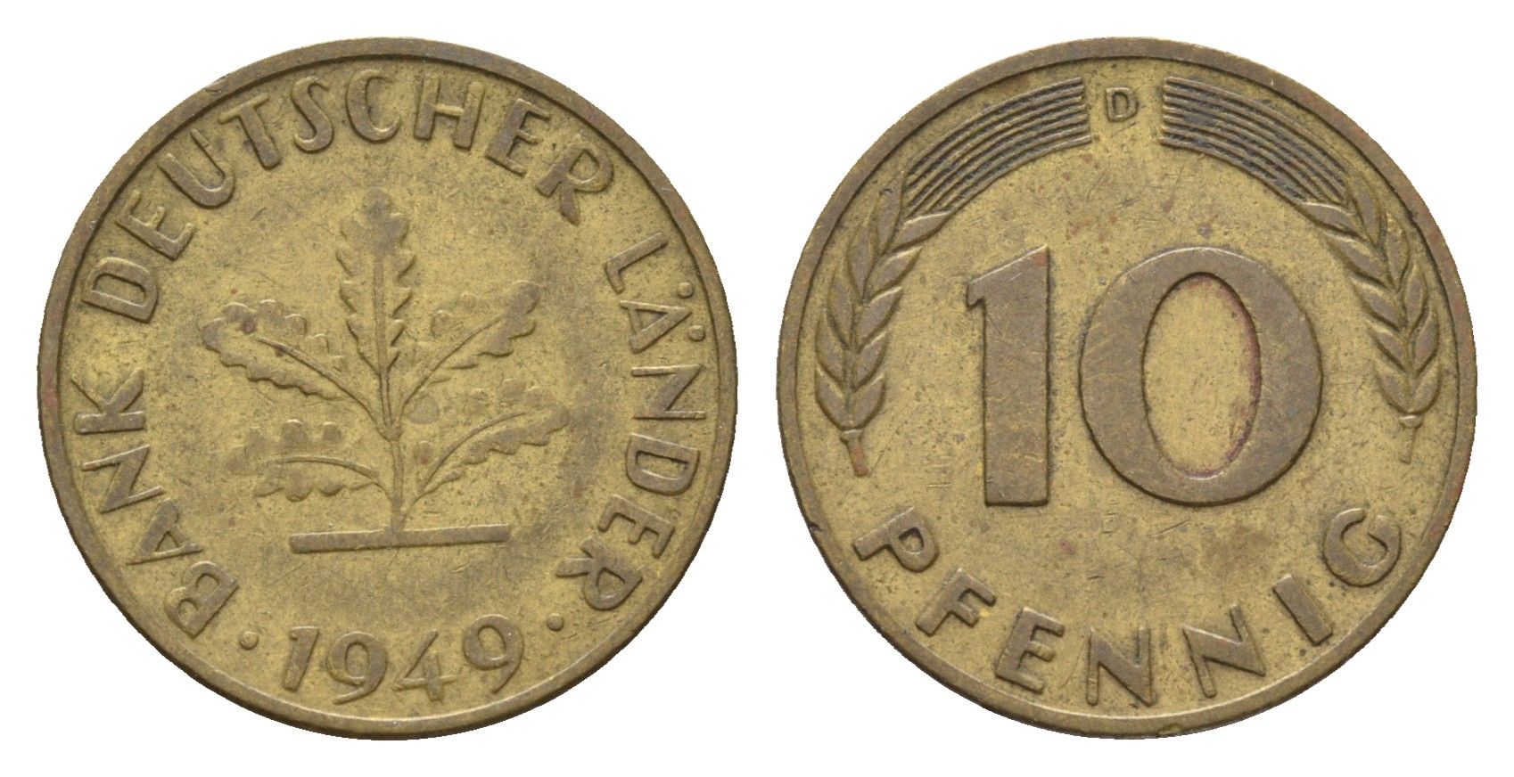 ФРГ 10 пфеннигов 1949 D KM 103, J. 378 сталь плакированная латунью 4618-1121
