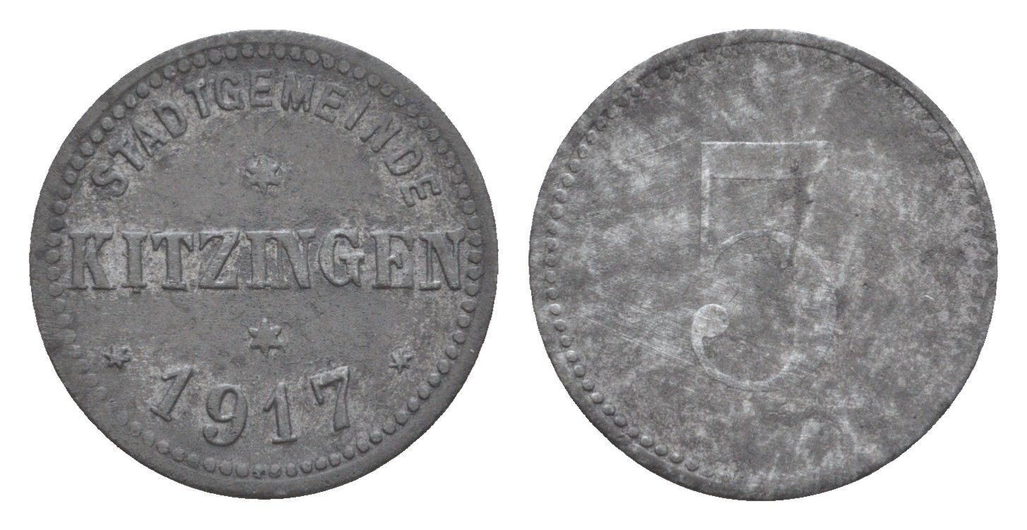 Китцинген 5 пфеннигов 1917 Funck 248.1, Men18 16548.1 цинк 4639-127