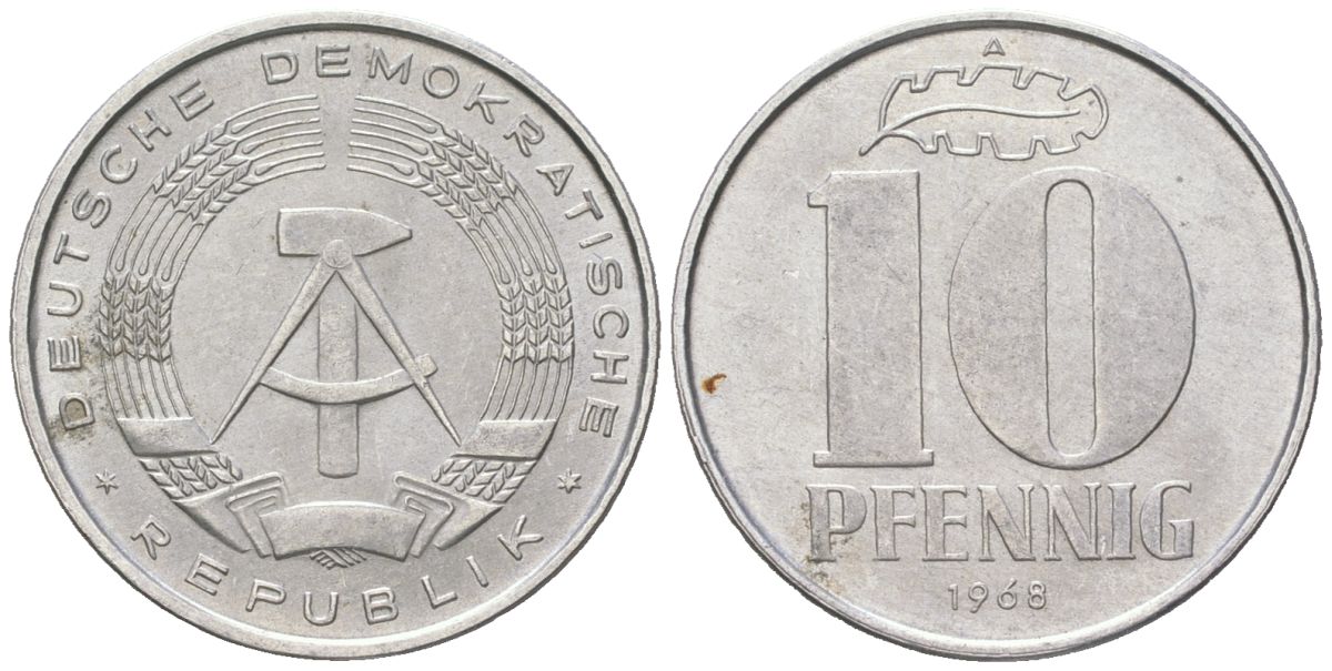 ГДР 10 пфеннигов 1968 A KM 10 алюминий aUNC 201-865