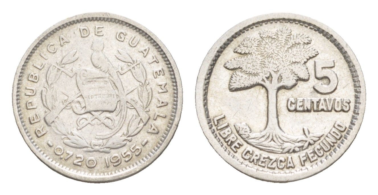Гватемала 5 сентаво 1955 KM 257.1 серебро 4644-258