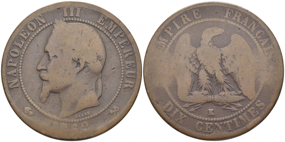 ФРАНЦИЯ 10 САНТИМОВ 1862 K, НАПОЛЕОН III (1852-1870) KM 798.3, LA FRANC 134.7 бронза 114-1213