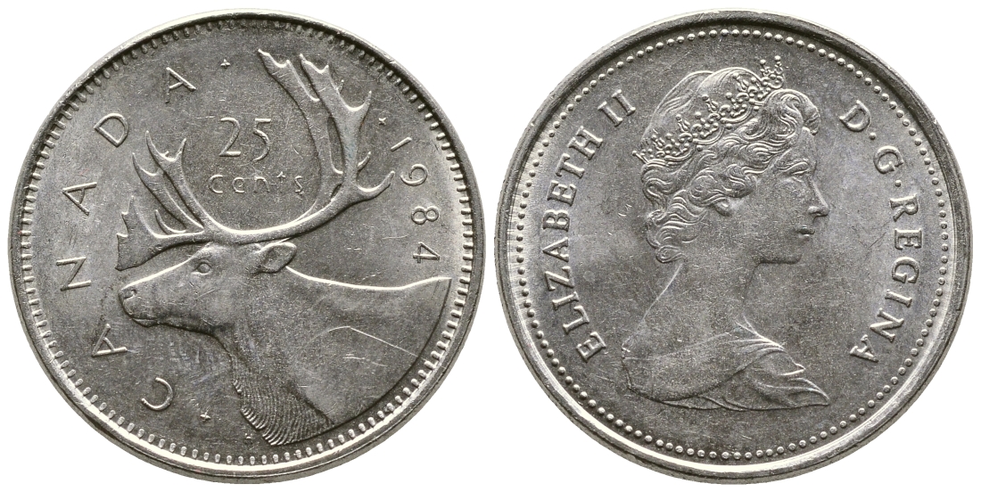 КАНАДА 25 ЦЕНТОВ 1984 ОЛЕНЬ, ЕЛИЗАВЕТА II KM 74 никель 4364-2051