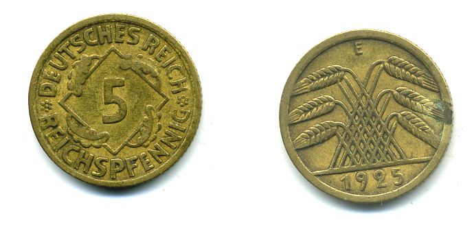 ГЕРМАНИЯ 5 РЕЙХСПФЕННИГОВ 1925 E, KM 39, J. 316 алюминиевая бронза 46-2322