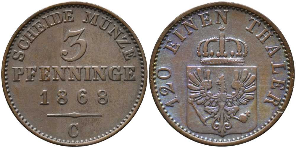 ПРУССИЯ 3 ПФЕННИГА 1868 С, ВИЛЬГЕЛЬМ I (1861-1888) KM 482 медь 4448-1133
