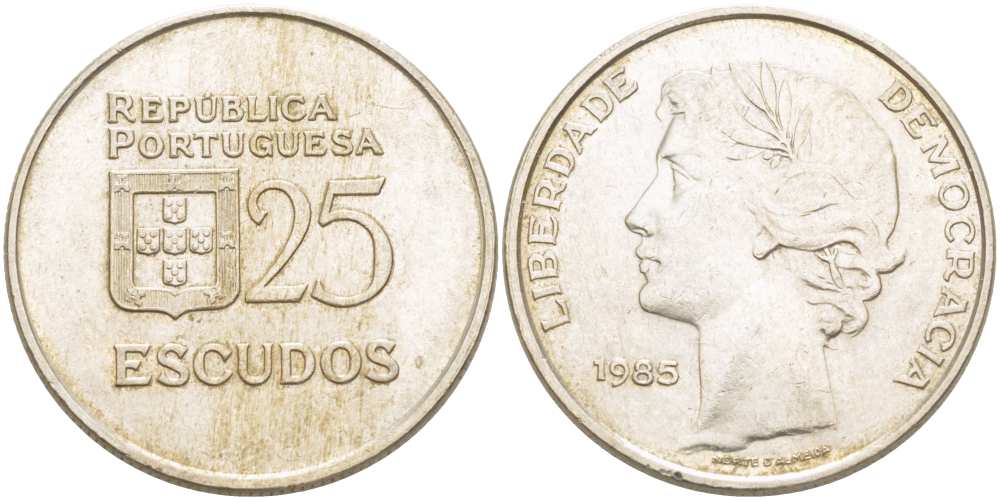 Португалия 25 эскудо 1985 KM 607а медно-никель 4517-423
