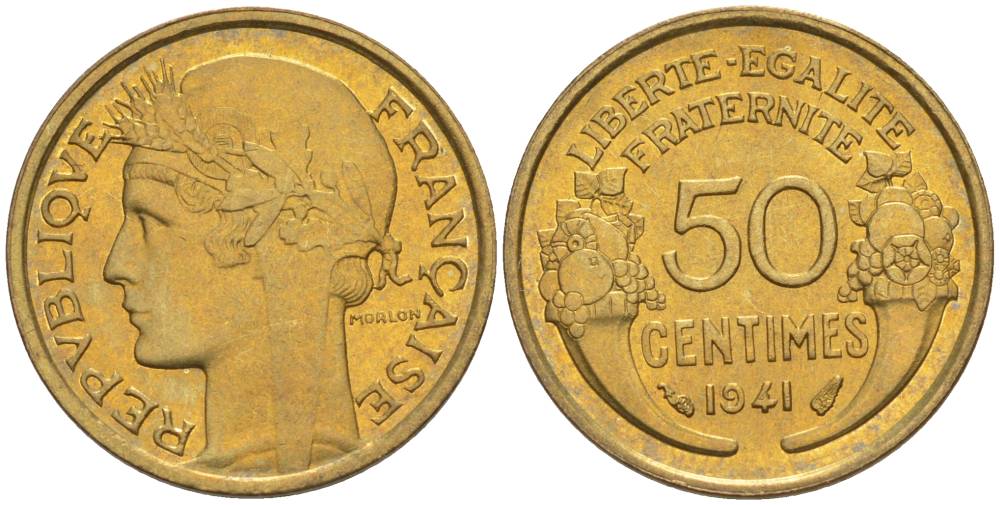 ФРАНЦИЯ 50 САНТИМОВ 1941 ТИП MORLON KM 894.1, LE FRANC 192.18 алюминиевая бронза 44-422