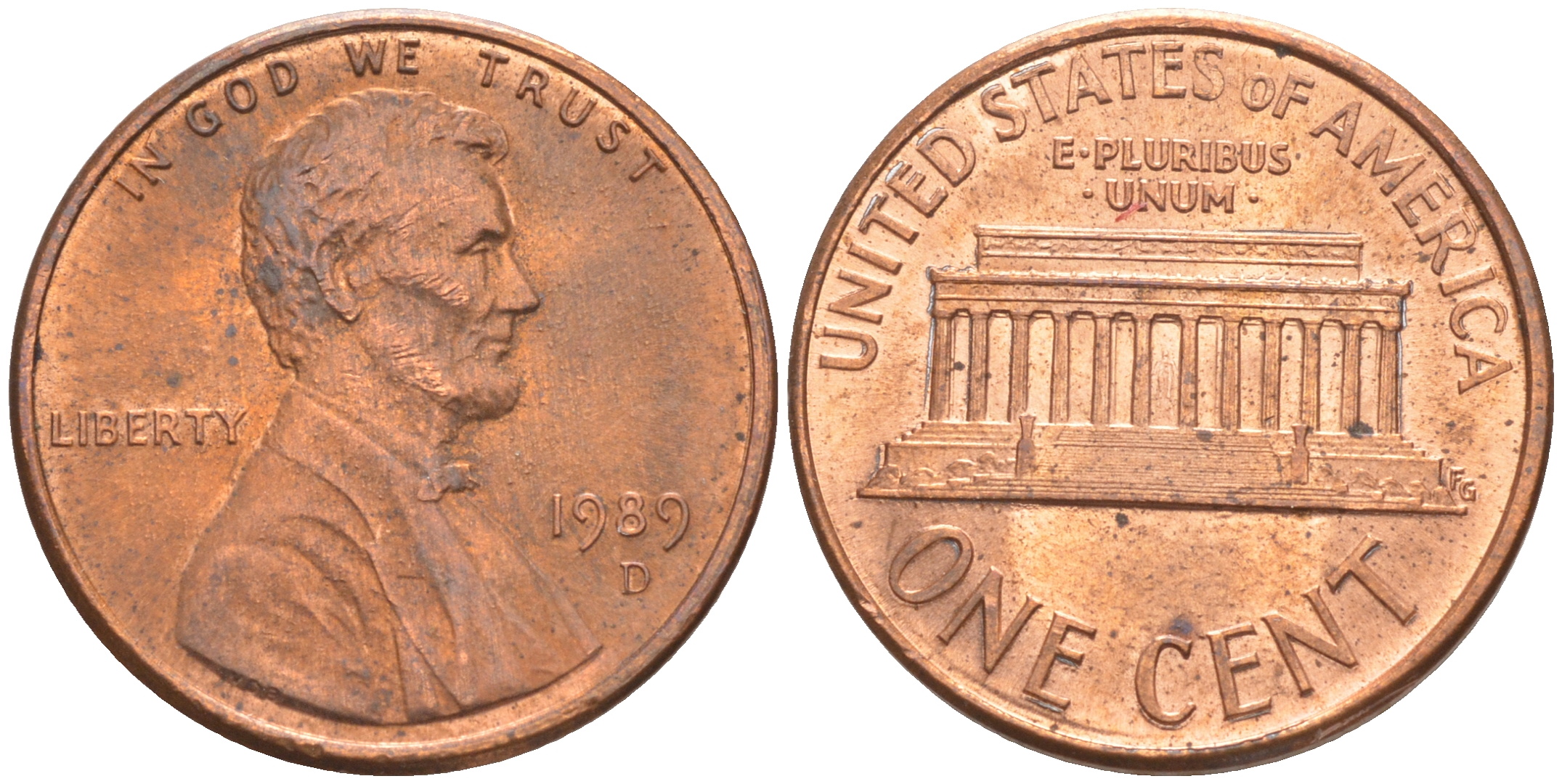 США 1 цент 1989 D, Линкольн KM 201b цинк плакированный медью UNC 187-711