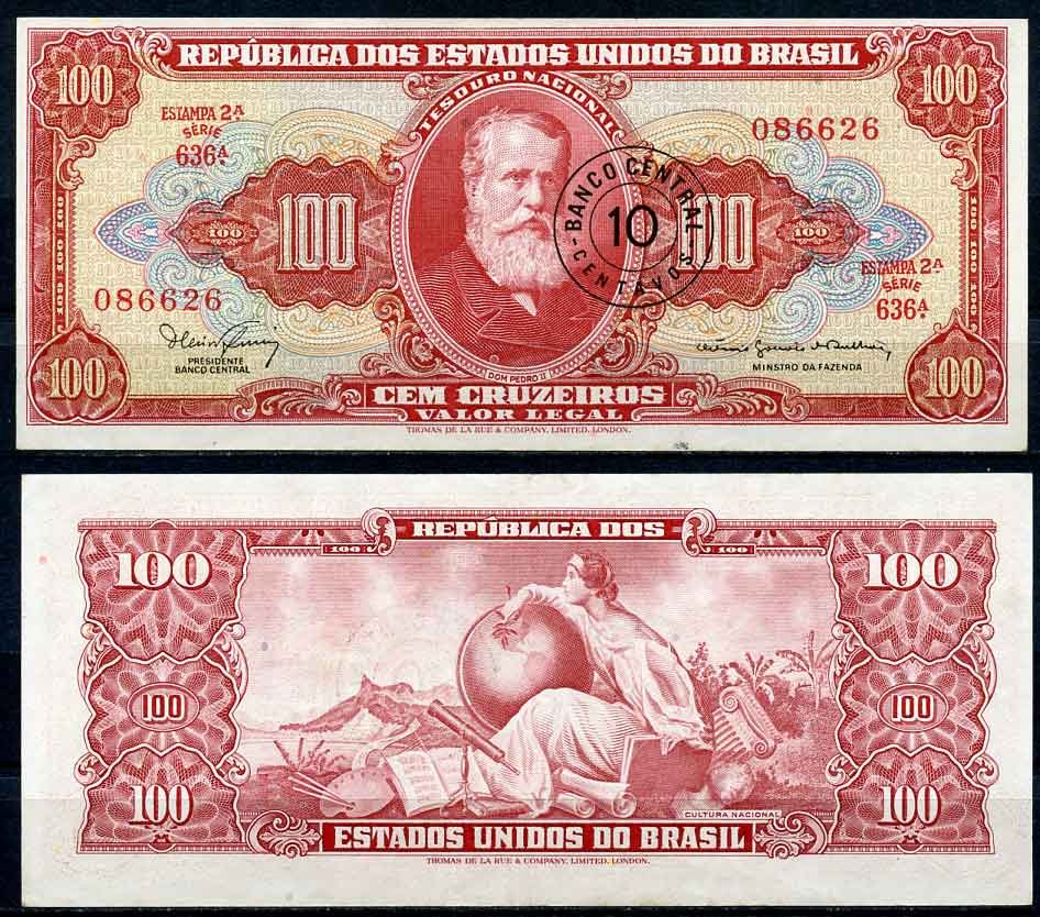 Бразилия 10 сентаво 1967 надпечатка на 100 крузейро, серия 636, Estampa 2A, Педро II Pick 185 a бумага UNC (пресс) 2196-36-3-2