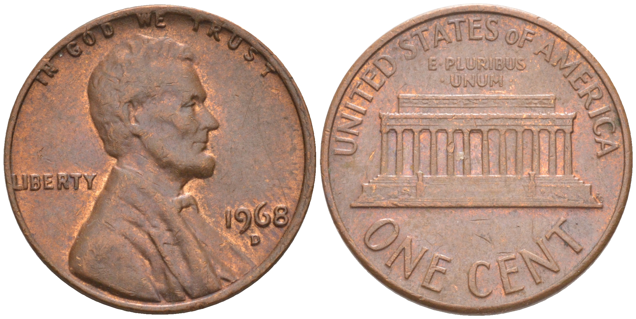 США 1 ЦЕНТ 1968 D, ЛИНКОЛЬН KM 201 медь цинк 187-632