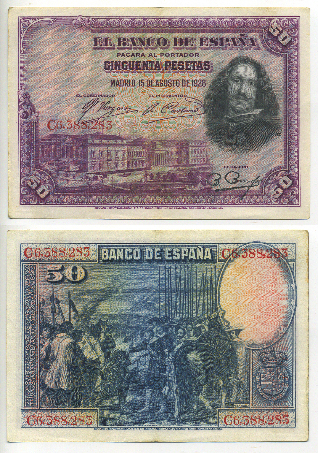 ИСПАНИЯ 50 ПЕСЕТ 1928 С 6388283, МУЗЕЙ ПРАДО В МАДРИДЕ, ДИЕГО ВЕЛАСКЕС Pick 75b бумага 6278-3-3