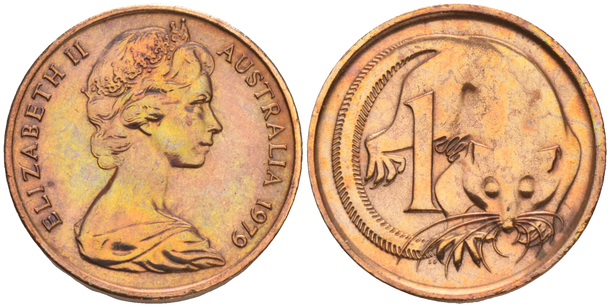 АВСТРАЛИЯ 1 ЦЕНТ 1979 ЕЛИЗАВЕТА II, МОЛОДОЙ ПОРТРЕТ, ОПОССУМ KM 62 бронза 192-116