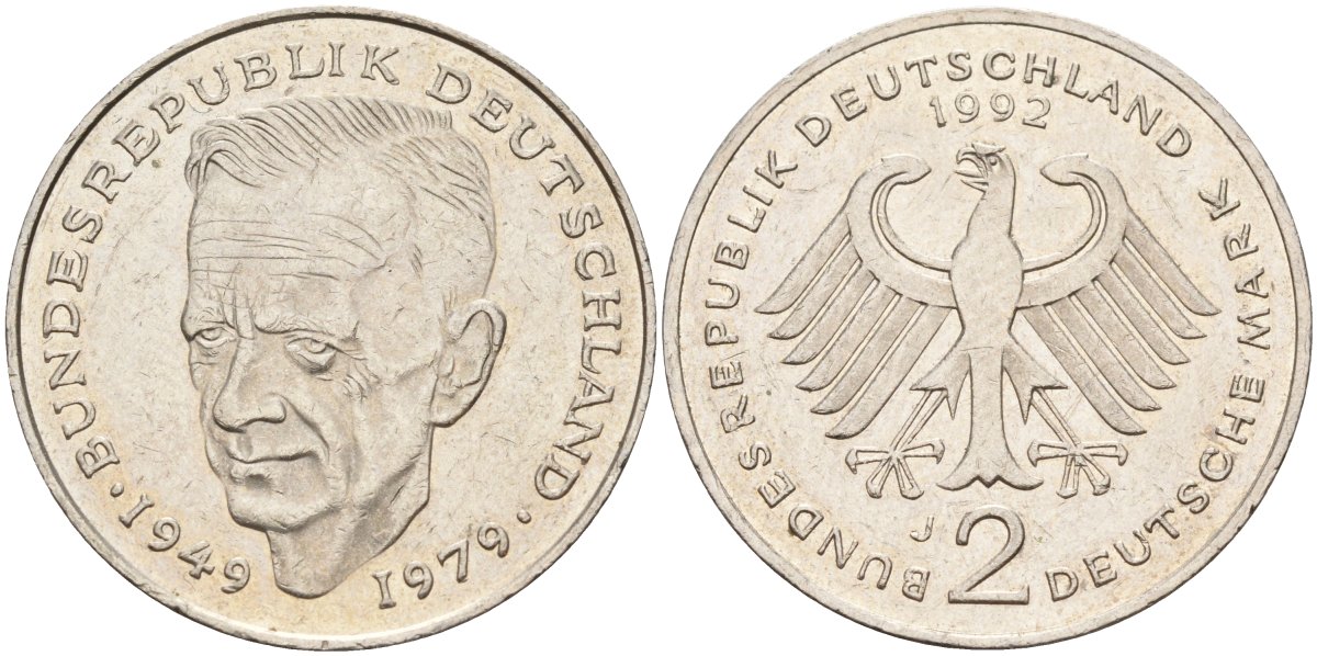 ФРГ 2 марки 1992 J , Курт Шумахер, 30 лет Федеративной Республике (1949-1979) KM 149, J. 424 медно-никель плакированный никелем 4168-444