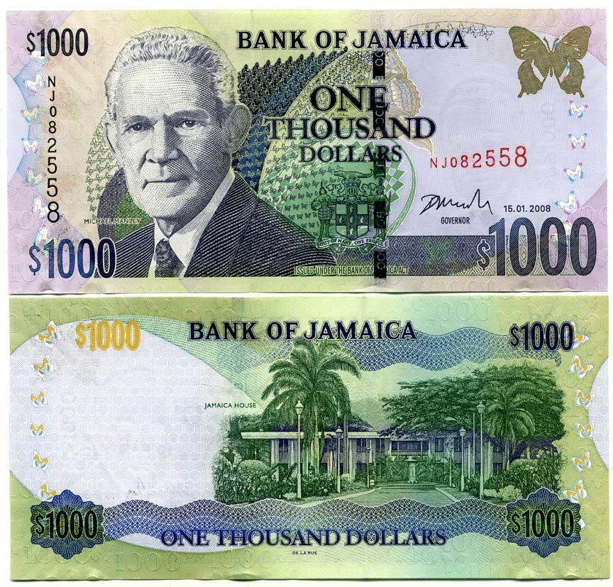 Ямайка 1000 долларов 2008 Майкл Мэнли, премьер-министр, 15 января 2008 Pick 86f бумага UNC (пресс) 447-90-2