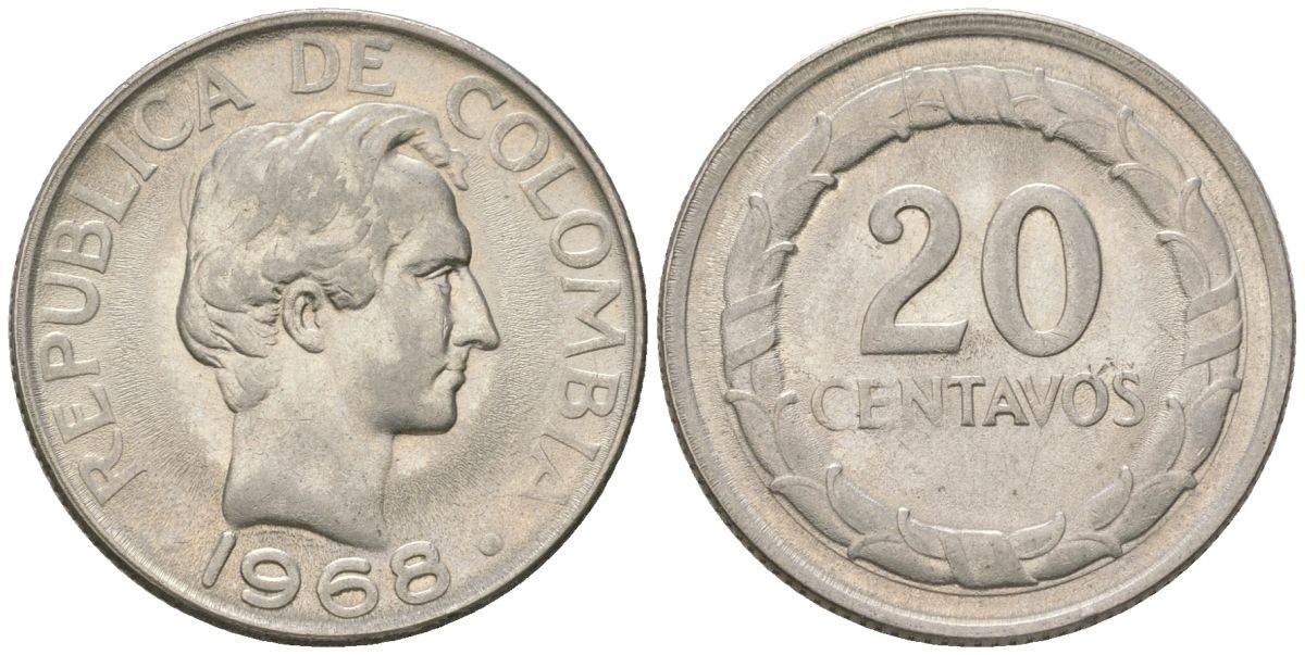 Колумбия 20 сентаво 1968 KM 227 сталь плакированная никелем 4398-1111