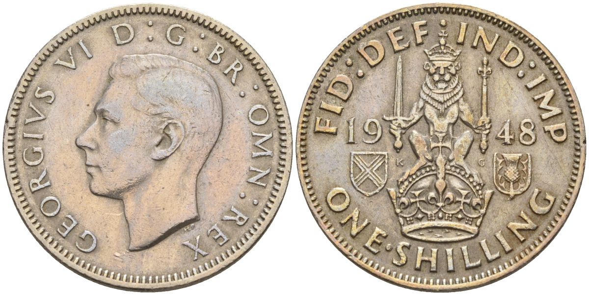 Великобритания 1 шиллинг 1948 Георг VI (1936-1952), Шотландский герб KM 864, Spink 4104 медно-никель 4153-846