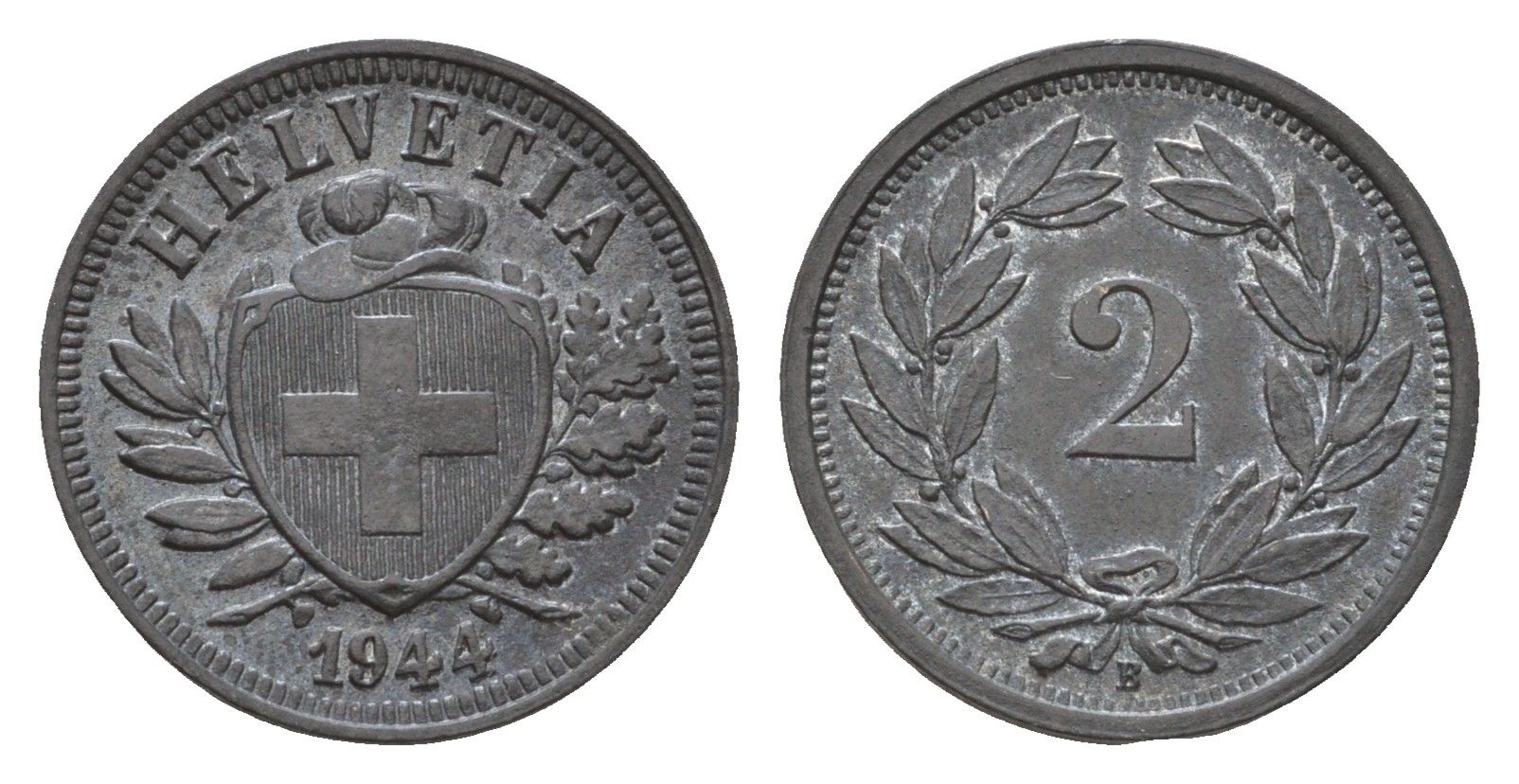 Швейцария 2 раппена 1944 B KM 4.2b цинк 46-952