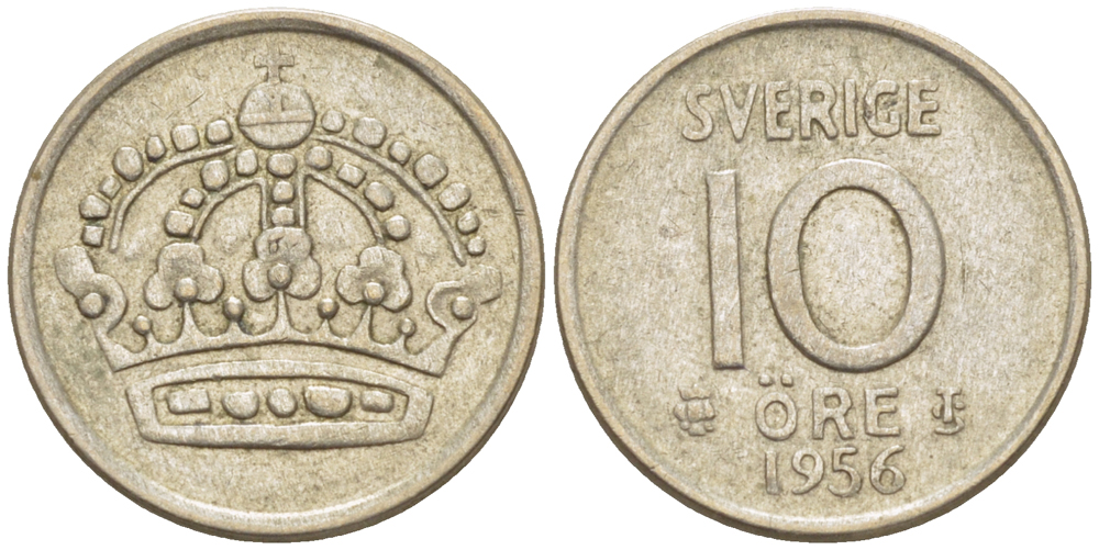 Швеция 10 эре 1956 TS, Густав VI Адольф (1950-1973) KM 823 серебро 4181-1243