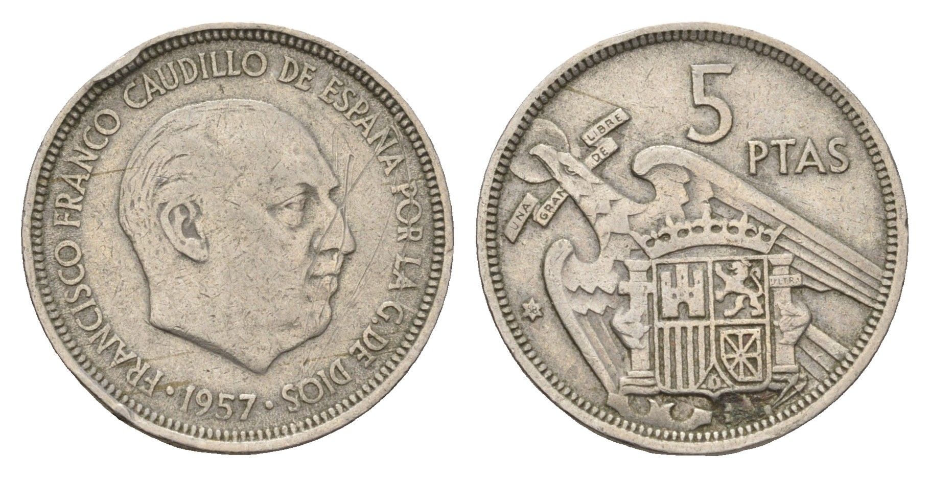 Испания 5 песет 1957 (58) Франсиско Франко (1939-1975) KM 786 медно-никель 4707-325
