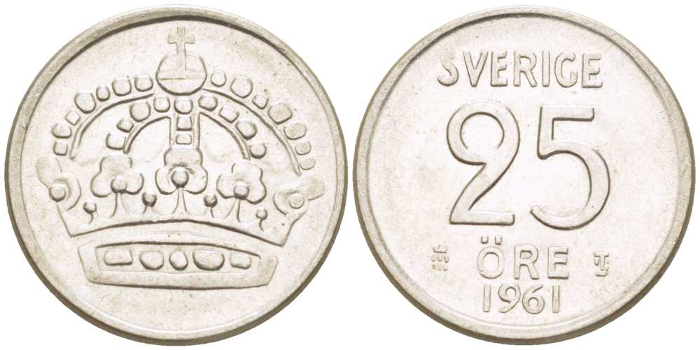 Швеция 25 эре 1961 TS, Густав VI Адольф (1950-1973) KM 824 серебро 4516-458