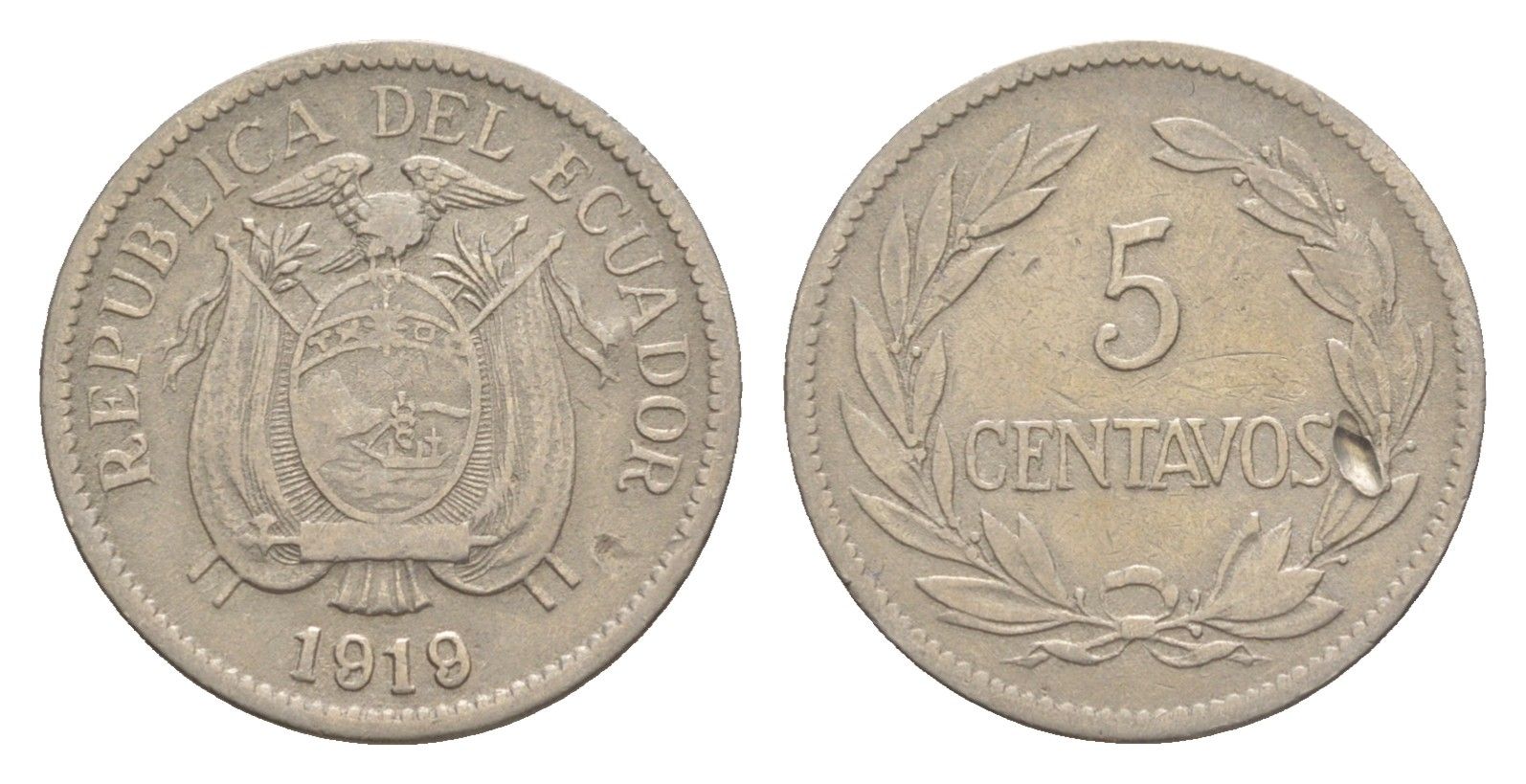 Эквадор 5 сентаво 1919 KM 63 медно-никель 4640-1111