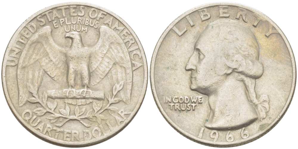США 25 центов (квотер) 1966 Вашингтон KM 164a медь плакированная медно-никелем 4402-156