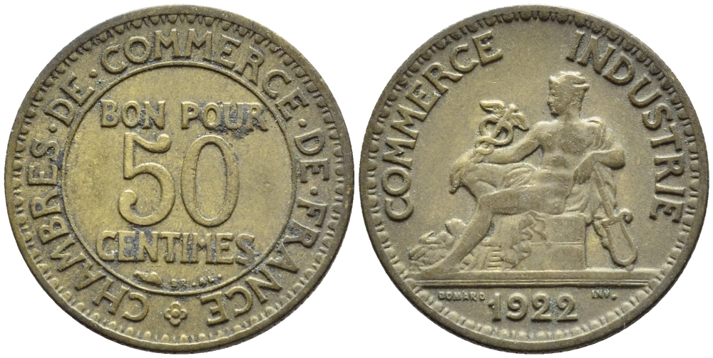 Франция 50 сантимов 1922 тип Chambre de Commerce KM 884, Le Franc 191.5 алюминиевая бронза 4392-621