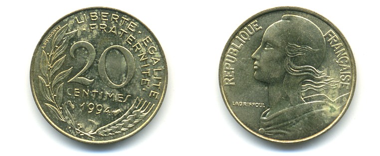 ФРАНЦИЯ 20 САНТИМОВ 1994 KM 930 медь алюминий никель 25-433
