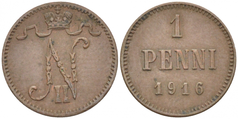 РОССИЯ ДЛЯ ФИНЛЯНДИИ 1 ПЕННИ 1916 НИКОЛАЙ II (1895-1917) KM 13, Биткин 476 медь 211-1023