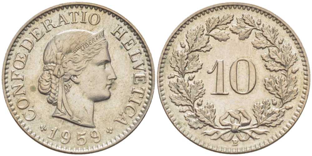 ШВЕЙЦАРИЯ 10 РАППЕНОВ 1959 В KM 27 медно-никель 4396-339