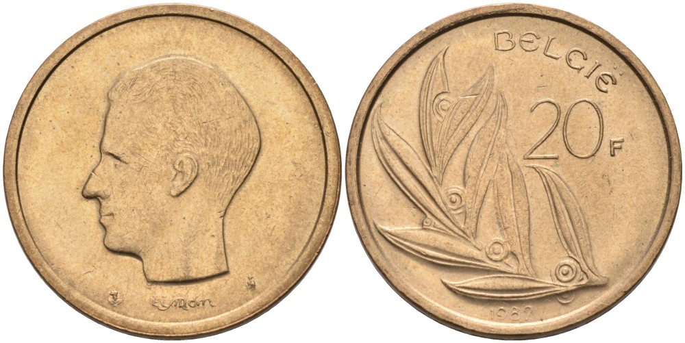 Бельгия 20 франков 1982 Belgie KM 160 никель бронза UNC 189-945