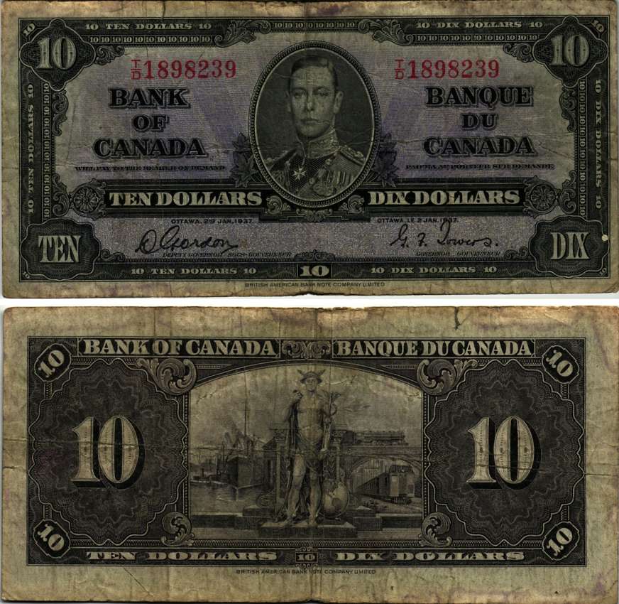 КАНАДА 10 ДОЛЛАРОВ 1937 ГЕОРГ VI, ПОДПИСЬ GORDON-TOWERS, BABNC Pick 61b бумага 451-257-1