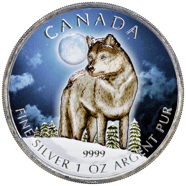 Канада 5 долларов 2011 серия Животный мир Канады, волк, в оригинальной коробке с сертификатом тираж 5000 экз., цветная эмаль серебро UNC 4-3-2-12
