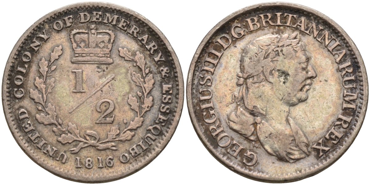 Эссекибо и Демерари 1/2 гульдена 1816 Георг III (1760-1820) KM 12 серебро 633-511