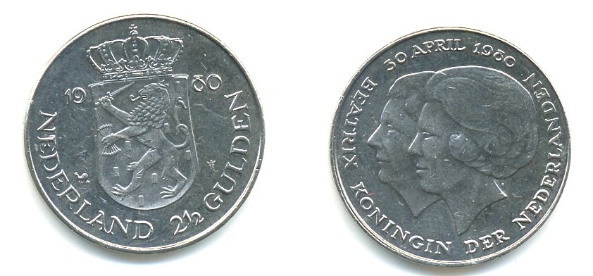 Нидерланды 2 1/2 гульдена 1980 коронация Беатрикс, 30 апреля 1980 KM 201 никель 84-1223