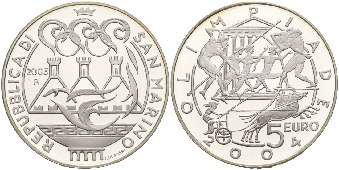 Сан-Марино 5 евро 2003 R,  Летние Олимпийские игры 2004 в Афинах KM 453 серебро PROOF 1087-9-32