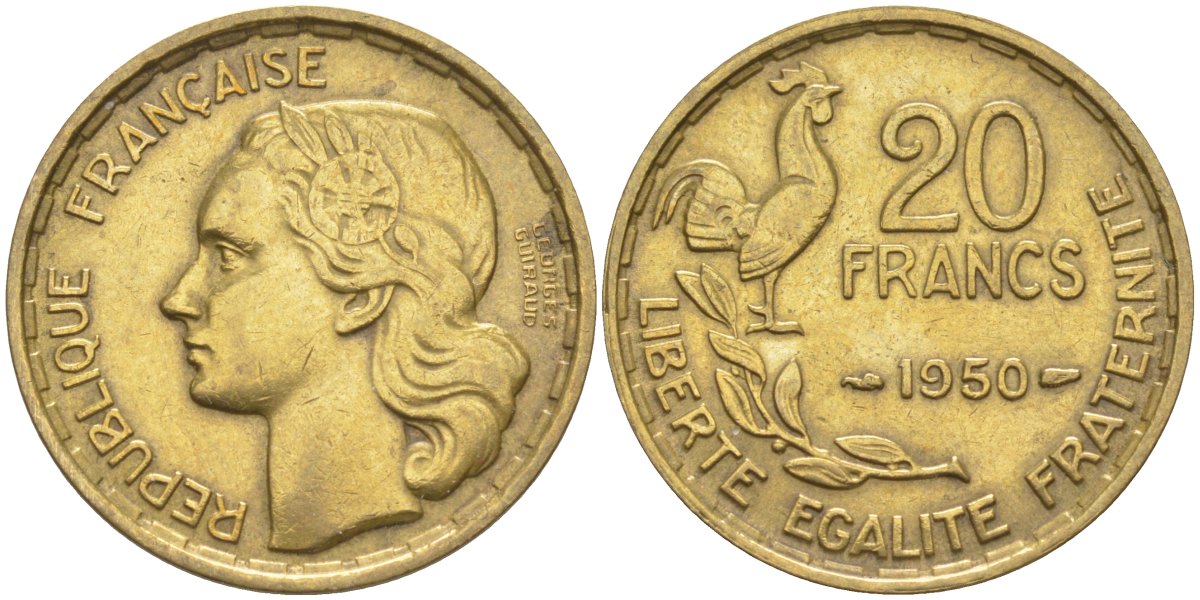 Франция 20 франков 1950 ПОЛНАЯ подпись, петух, 3 ПЕРА KM 916.1, Le Frank 401.1 алюминиевая бронза 4519-537