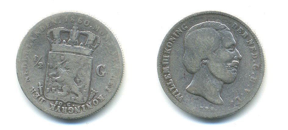 Нидерланды 1/2 гульдена 1860 Виллем III (1849-1890) KM 92 серебро 84-956