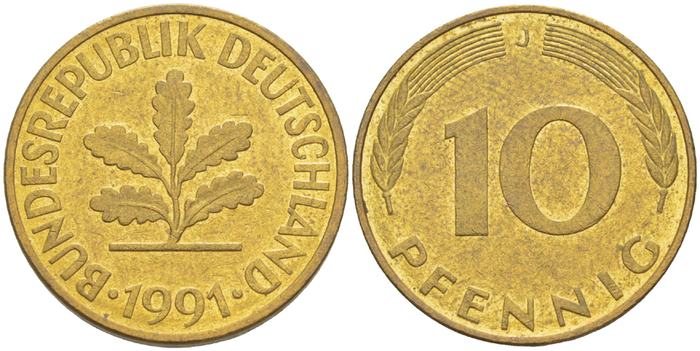 ФРГ 10 ПФЕННИГОВ 1991 J KM 108, J. 383 сталь плакированная латунью 4182-1011