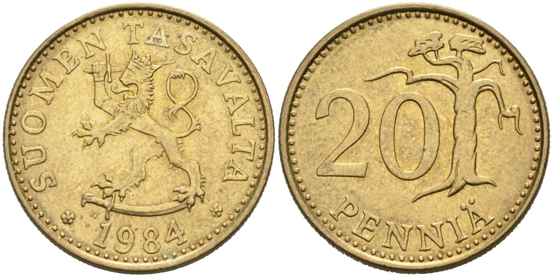 ФИНЛЯНДИЯ 20 ПЕННИ 1984 N KM 47 алюминиевая бронза 4563-335