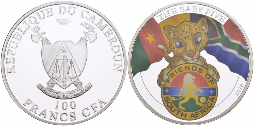 КАМЕРУН 100 ФРАНКОВ 2010 СЕРИЯ ДЕТЕНЫШИ БОЛЬШОЙ ПЯТЕРКИ, ЛЕОПАРД, ЭМАЛЬ, ТИРАЖ 1000 ЭКЗ. KM NEW медь плакированная серебром 00-000-00