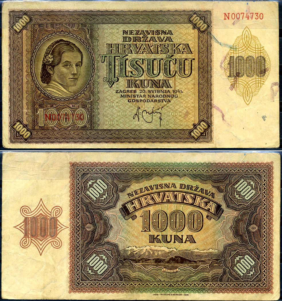 Хорватия 1000 кун 1941 Pick 4 a бумага 7548-103-2-1
