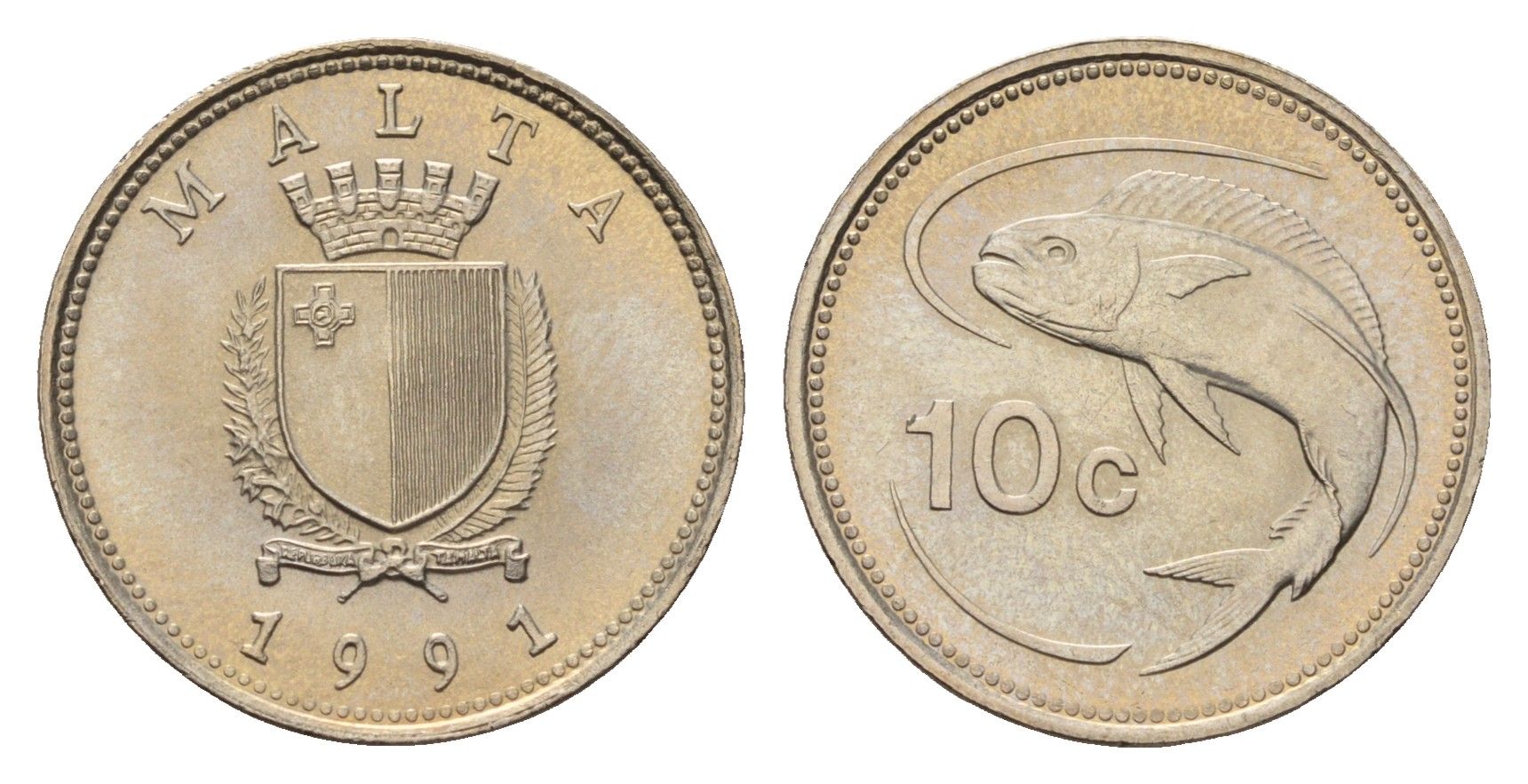 Мальта 10 центов 1991 золотая макрель KM 96 медно-никель UNC 4688-955