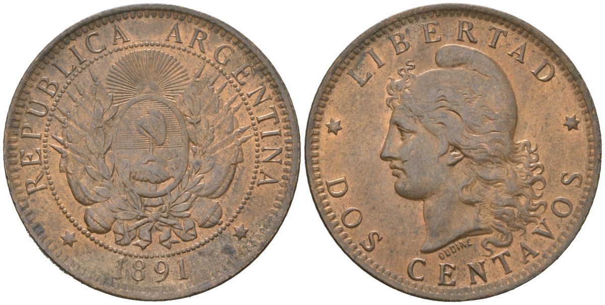 Аргентина 2 сентаво 1891 KM 33 бронза 221-1044