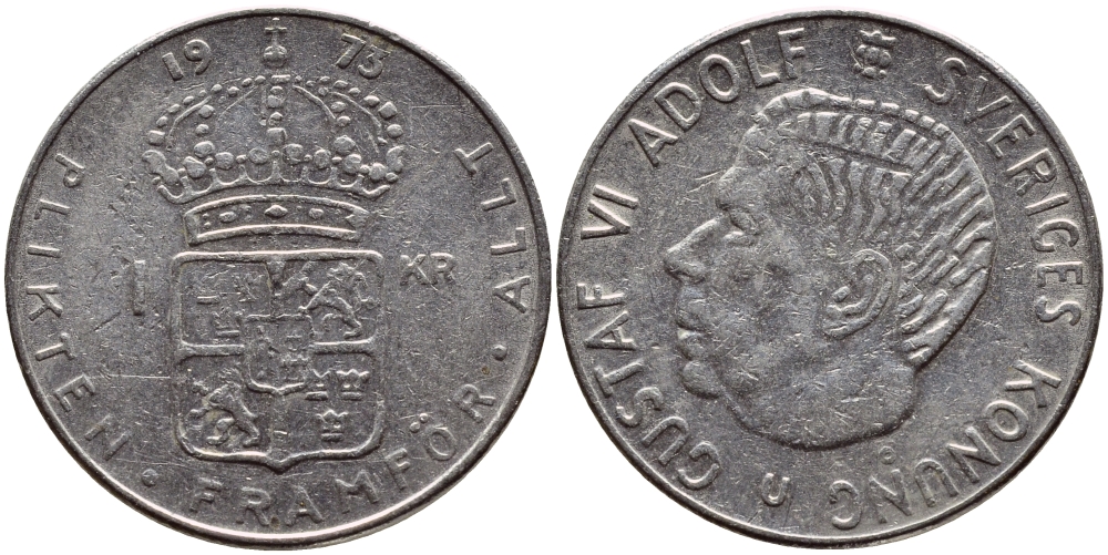 Швеция 1 крона 1973 Густав VI Адольф (1950-1973) KM 826а медь плакированная медно-никелем 4395-243