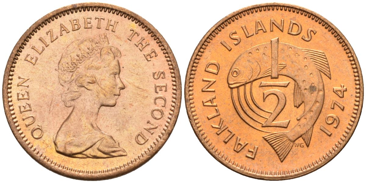 Фолклендские острова 1/2 пенни 1974 Елизавета II (1952-2022), лосось KM 1 бронза 4154-116
